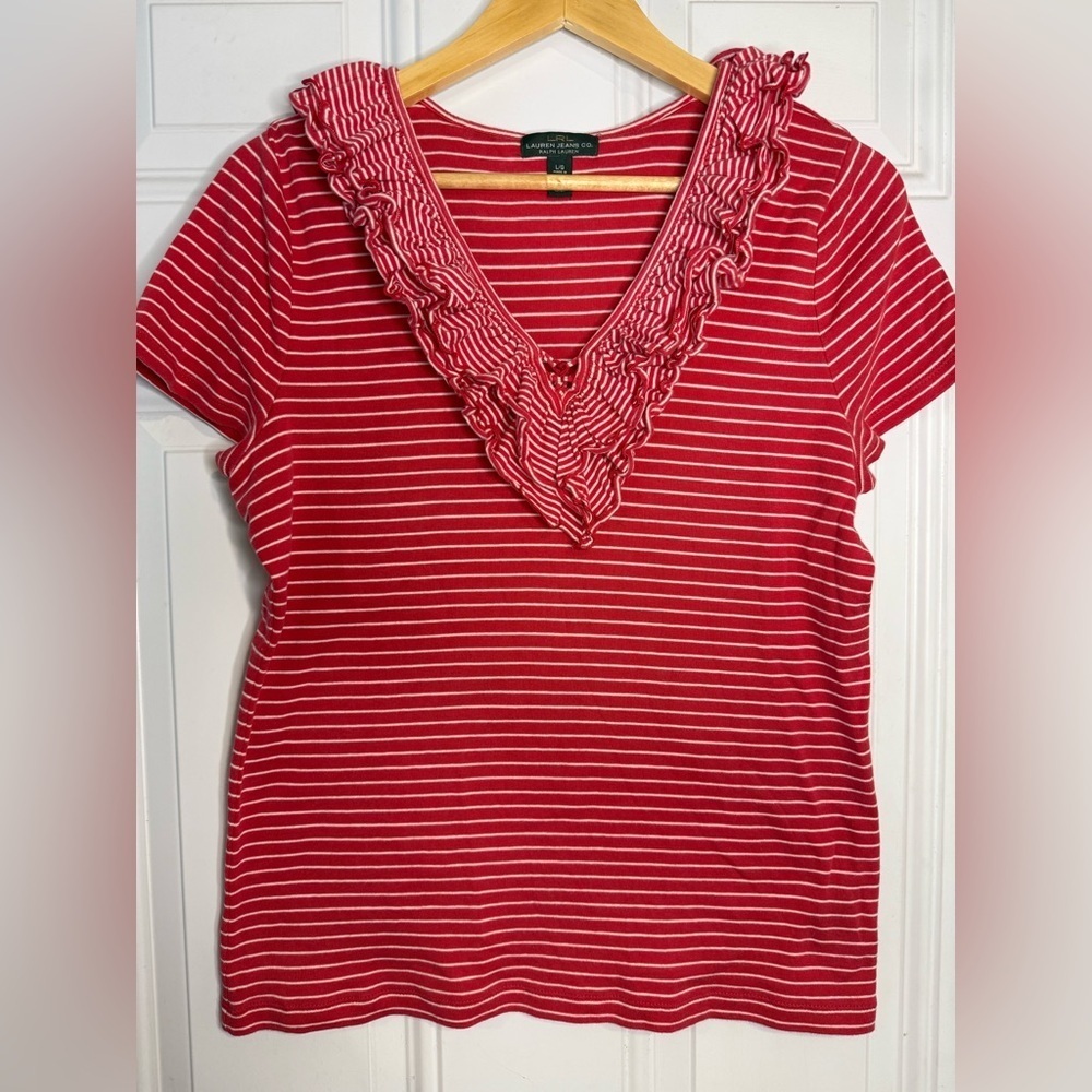 Ralph Lauren Black Label Red and White Ruffled Short Sleeve Tee
